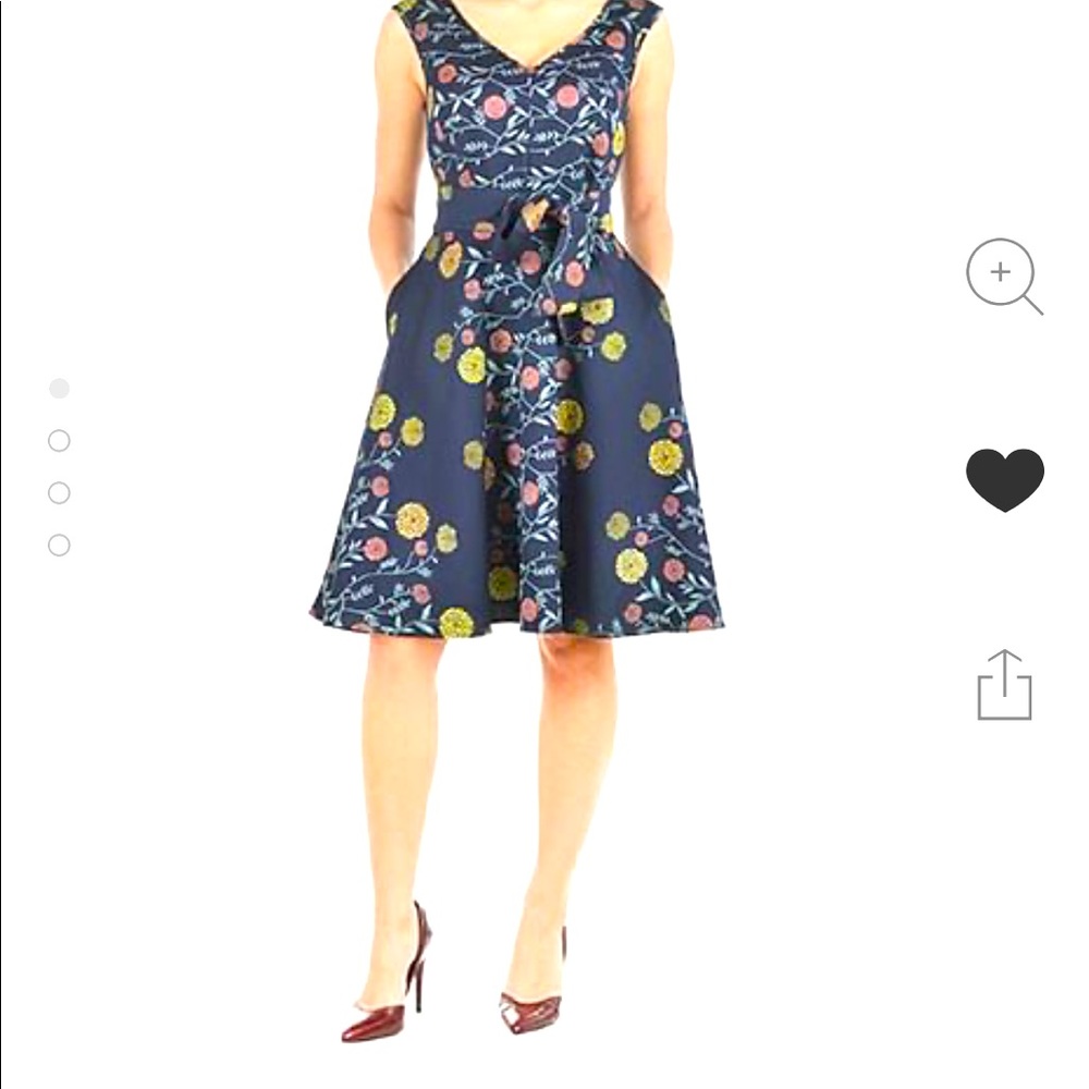 Embroidered Fit and Flare V Neck Floral Dress